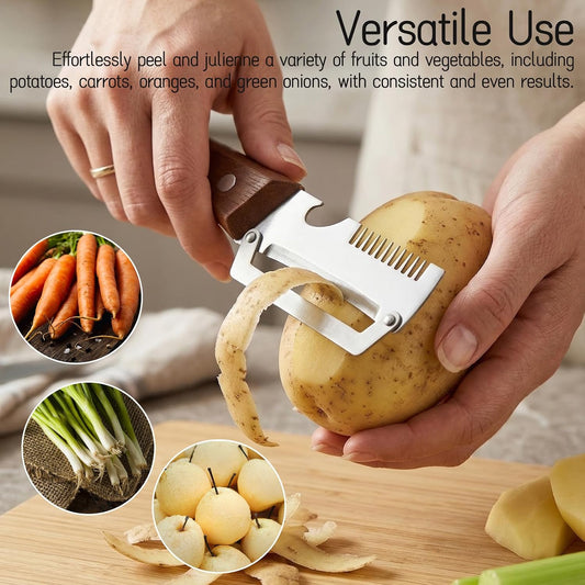 3 in 1 Vegetable Peeler for Kitchen with Wood Handles, Stainless Steel Blade and Bottle Opener - Multi-Functional Julienne Peeler for Fruit, Orange, Potato, Carrot, Green Onion