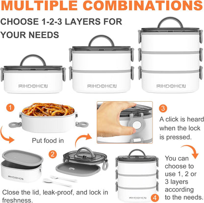 RIKDOKEN Lunch Box, Stackable 3 Layers Containers, Portable 94OZ Large Capacity Leakproof Bento Box with Spoon & Fork & Sauce Boxes, Microwave Safe Lunch Box for Kids and Adults