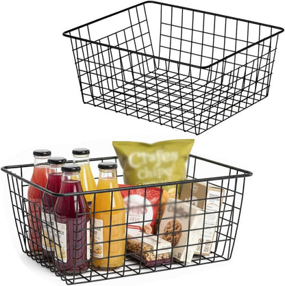 Kitchen Wire Baskets Farmhouse Decor Metal Food Storage Organizer,Household Refrigerator Bin with Built-in Handles for Cabinets, Pantry, Bathroom,2 Packs(white)