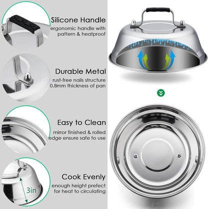 HaSteeL Cheese Melting Dome Set of 2, 12 Inch Round Basting Cover Metal Steam Cover, Stainless Steel Griddle Accessories for Flat Top Grill/Outdoor BBQ/Kitchen Cooking