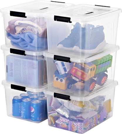 6 Quart Stackable Plastic Storage Bins with Lids, 6 Pack Clear Black Small Organizer Boxes with Latches for Bathroom, Pantry, Office Desk and Small Item Storage