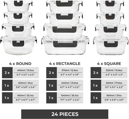 Freshware Glass Storage Containers with Lids, 24 Pieces, 12 Containers with 12 Lids, Glass Meal Prep Container for Lunch, Food Storage Containers, Leak Proof, Freezer Safe, Gray