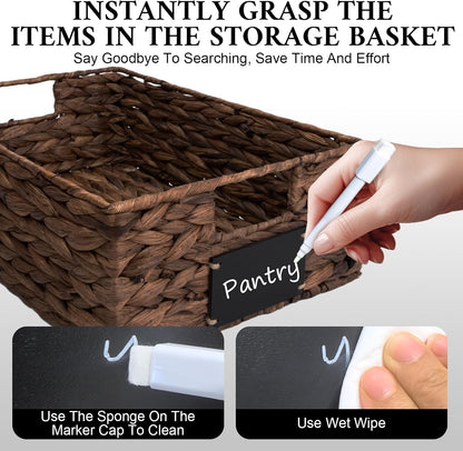 Set of 4 Sizes Hand-Woven Pantry Shelf Baskets, Hyacinth Storage Baskets with Chalkboard Labels & 2 Chalk Markers, Wicker Nestable Basket Set for Organizing Pantry Kitchen Laundry Shelves (Brown)