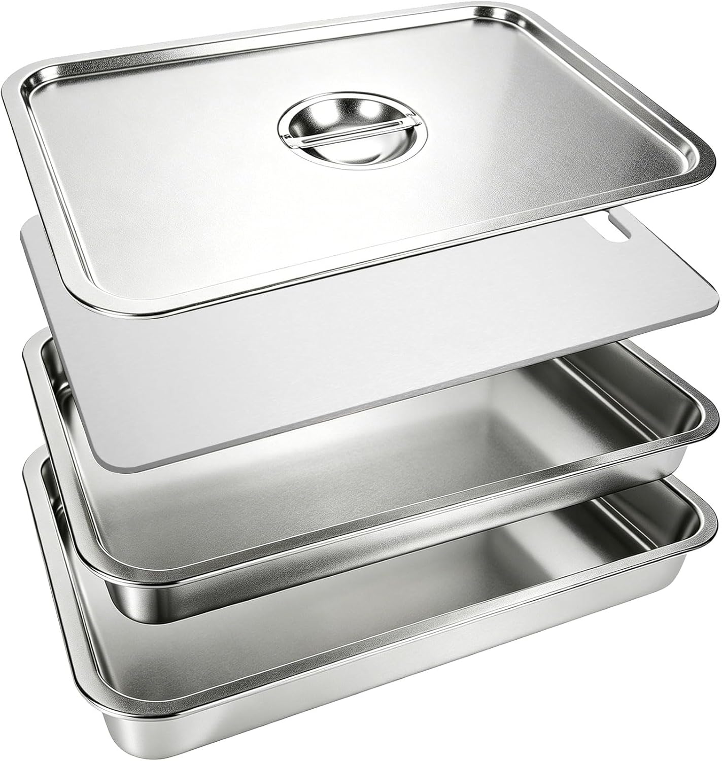 20" Stainless Steel Grill Carry System, 4-Piece Deep & Shallow Trays with Lid and Cutting Board, for BBQ Meat Marinating, Carrying & Serving