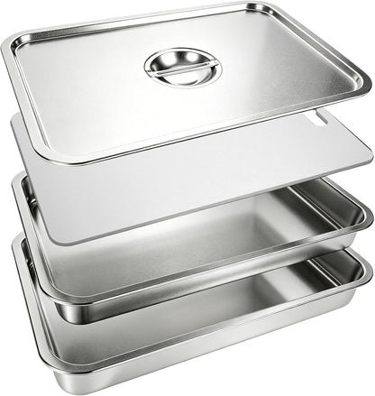 20" Stainless Steel Grill Carry System, 4-Piece Deep & Shallow Trays with Lid and Cutting Board, for BBQ Meat Marinating, Carrying & Serving