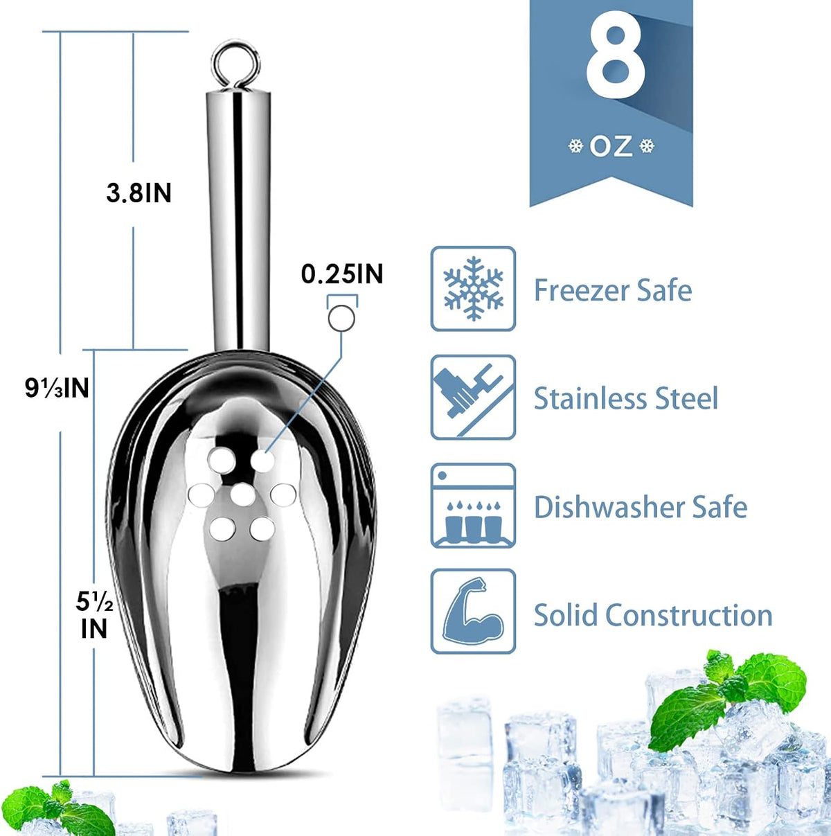 E-far Ice Scoops with Holes, 2 Pcs 6 Oz Stainless Steel Scoops for Freezer