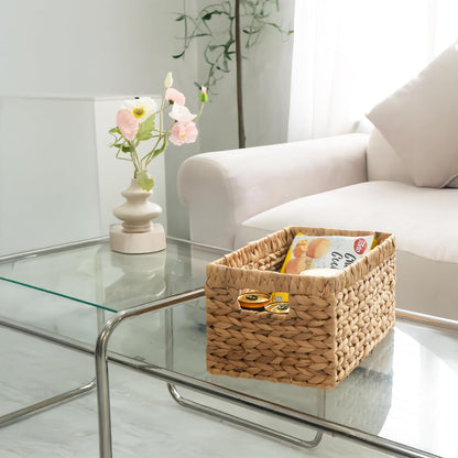KOKODO Wicker Storage Basket Set of 2, Rectangular Baskets for Shelves with Handles & Chalkboard Labels, Handwoven Water Hyacinth Baskets for Organizing Pantry, Closet & Home.