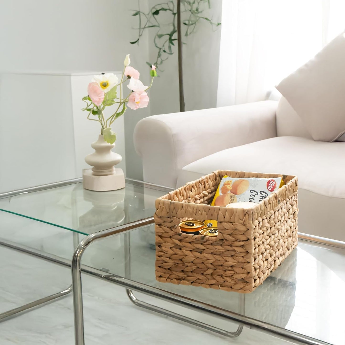 KOKODO Wicker Storage Basket Set of 2, Rectangular Baskets for Shelves with Handles & Chalkboard Labels, Handwoven Water Hyacinth Baskets for Organizing Pantry, Closet & Home.