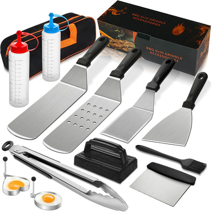 14PCS Griddle Accessories Kit, Flat Top Grill Accessories Set for Blackstone and Camp Chef, Grill Spatula Set with Enlarged Spatulas, Scraper for Outdoor Barbecue