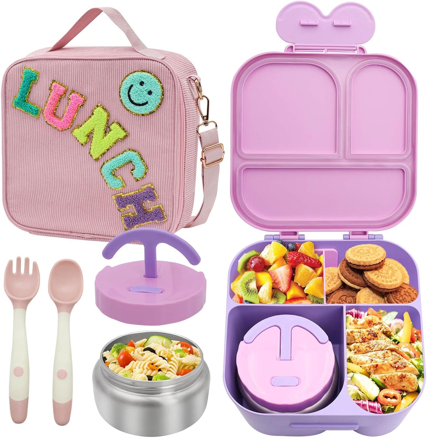 Lunch Box with Bento Box with 4 Compartment, with Leak Proof Thermo Food Jar, Preppy Corduroy Insulated Lunch Bag for Womens Girl Kids Teens School Travel Picnic (Purple)