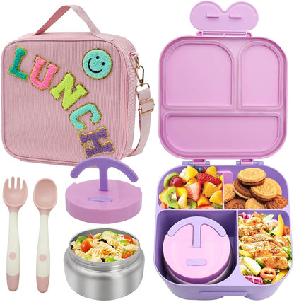 Lunch Box with Bento Box with 4 Compartment, with Leak Proof Thermo Food Jar, Preppy Corduroy Insulated Lunch Bag for Womens Girl Kids Teens School Travel Picnic (Purple)