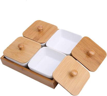 Ceramic Snack Serving Tray Compartment Serving Platter with Lid and Pallets Removable Container Food Storage for Appetizer, Condiments, Nuts(4 grid)
