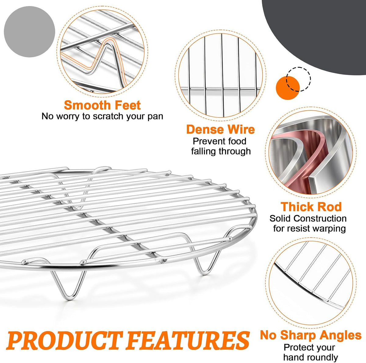 P&P CHEF 9 Inch Cooking Rack Round for Steaming Cooling, Silver, 2 Pack