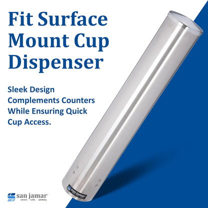 San Jamar 23.5" Pull Type Cup Dispenser – Stainless Steel 12 to 24 Oz Cup Holder with Flip Cap for Restaurants, Dining Halls, Fast Food Beverage Stations, Silver