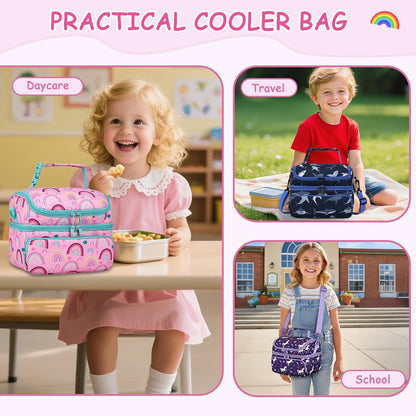 Kasqo Lunch Bag Kids, Dual Compartment Insulated Cooler Bag 7.5L Girls Boys Toddler Lunch Box Containers for Daycare School Kindergarten Travel Ombre Butterfly