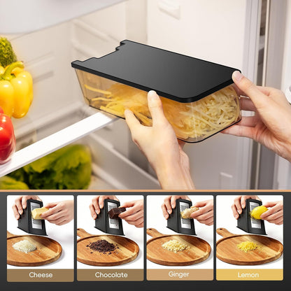 [7 in 1 ] Vegetable Slicer for Kitchen, Safe Mandoline Slicer, Adjustable Veggie Potato French Fry Cutter, Wider Tray & Stainless Steel Grater & Filter Basket & Lid & Cleaning Brush (Gray Pro)