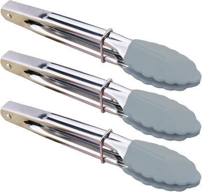 HINMAY Mini Stainless Steel Food Tongs with Silding Rings 7-Inch, Set of 6 | Small Clam Shell Service Tongs for Serving Appetizers, Desserts, Salads, Barbecue and Cooking (Silver)