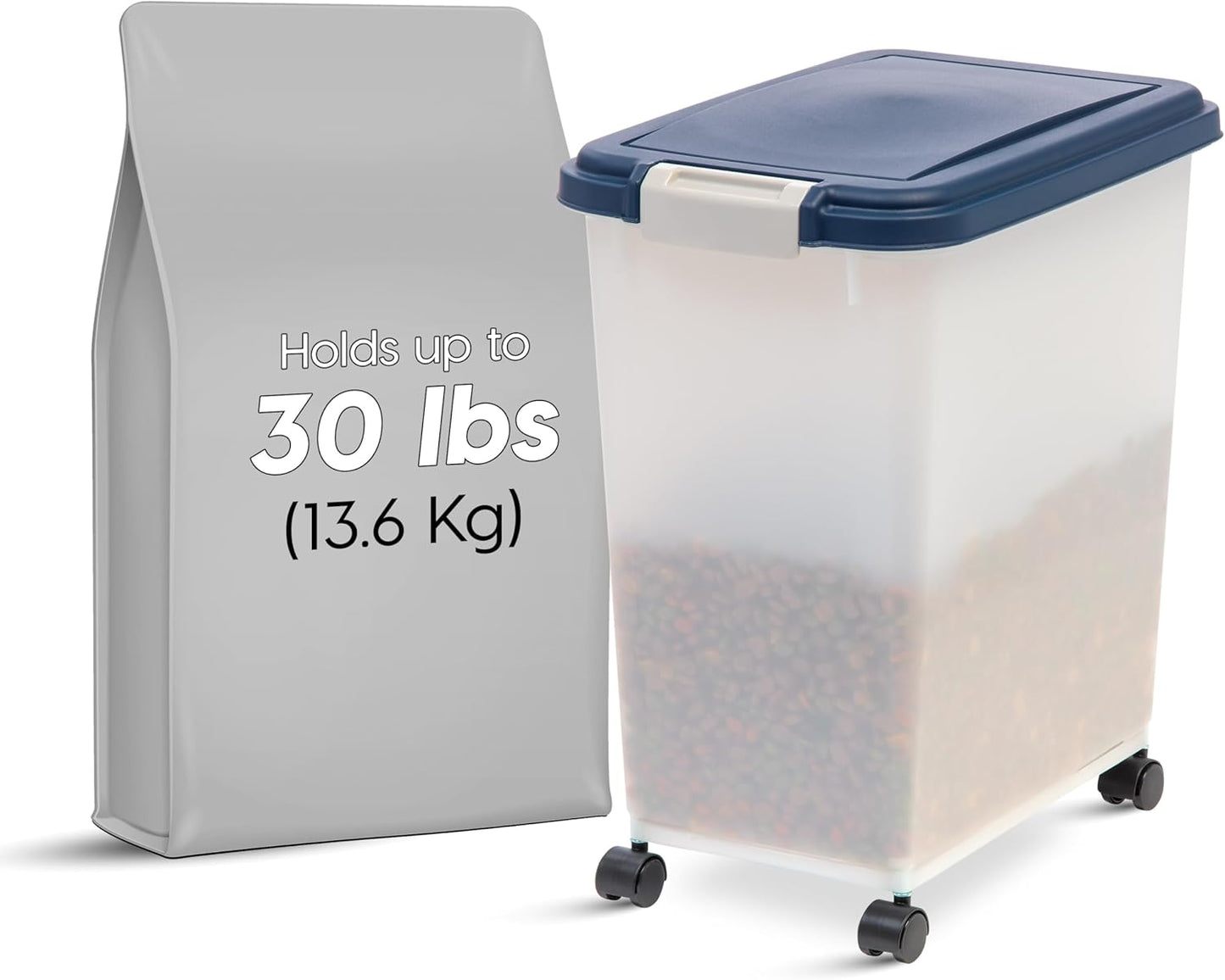 IRIS USA Dog Food Storage Container with Wheels, Airtight Lid, 2-Cup Scoop, Up to 30 Pounds Pet Food Storage, Built in Scoop Storage in Lid, Versatile Pet Food Bin, Portable, BPA Free, Gray/Dark Gray