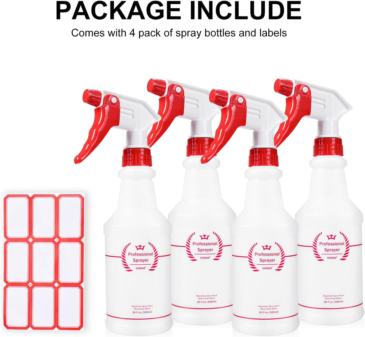 Uineko Empty Spray Bottles, Heavy Duty Sprayer, Mist & Stream, 4 Pack 24 Oz