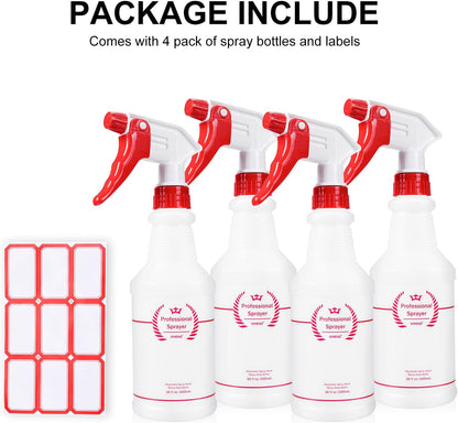 Uineko Empty Spray Bottles, Heavy Duty Sprayer, Mist & Stream, 4 Pack 24 Oz
