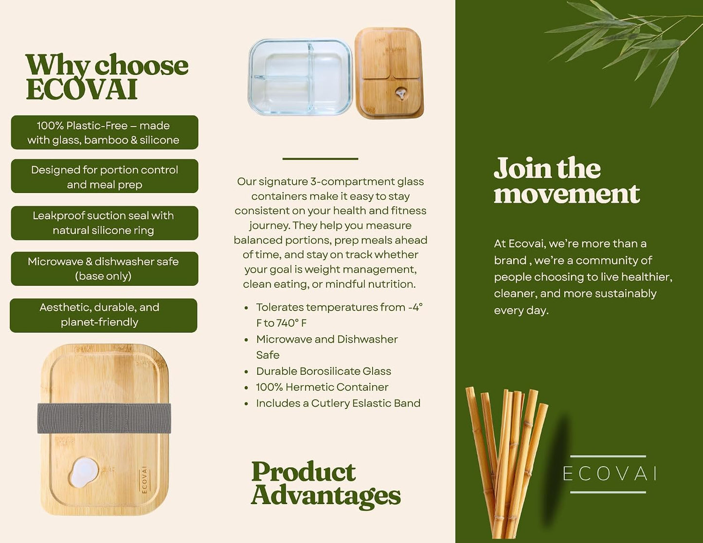 ECOVAI Glass Bento Box (2 Pack) LARGE 3-Compartment Portion Control Glass Meal Prep Containers with Bamboo Lid, Leakproof Silicone Seal, Borosilicate Glass, Microwave Safe Lunch Box/Tupper