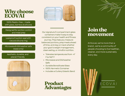 ECOVAI Glass Bento Box (2 Pack) LARGE 3-Compartment Portion Control Glass Meal Prep Containers with Bamboo Lid, Leakproof Silicone Seal, Borosilicate Glass, Microwave Safe Lunch Box/Tupper