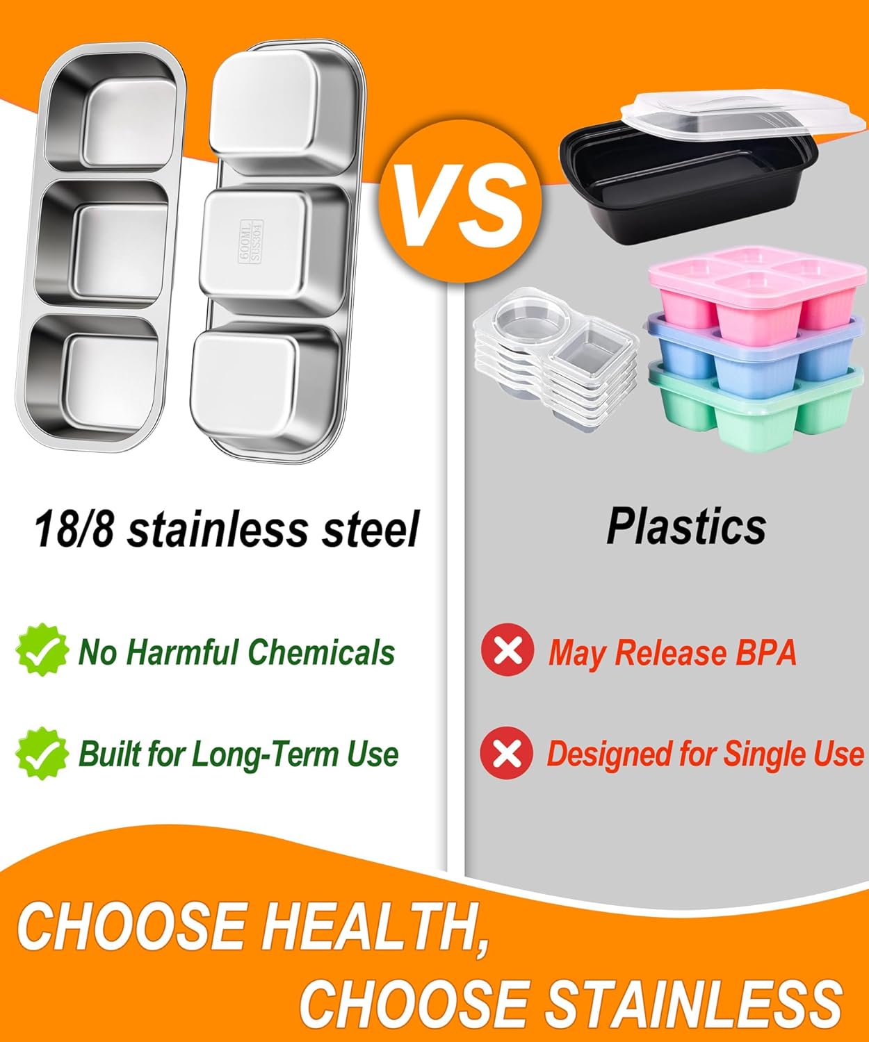 KTKUDY Stainless Steel Snack Container for Kids & Adults - Large - Leak-Proof 3-Compartment Stackable Snack Lunch Box for Daycare, School, Work & Travel