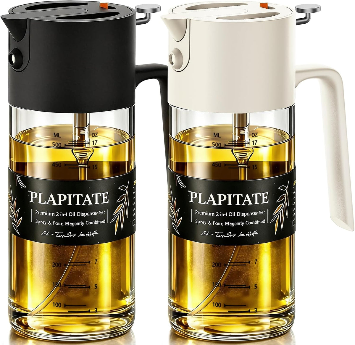PLAPITATE 17oz/500ml Premium Olive Oil Sprayer for Cooking, 2 in 1 Glass Olive Oil Dispenser Bottle for Kitchen Gadgets, Spray Bottle with Portion Control for Salad, Frying, BBQ (Black)