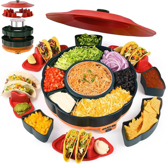 Taco Tuesday Kit, 33Oz Heated Pot Taco Bar Serving Set for A Party with 4 Taco Holders, & Detachable Lazy Susan Tray Unique Couple & Housewarming Gift Set Ideas