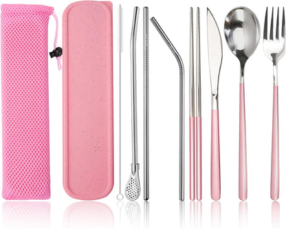JEPELUS Pink Travel Utensils Set with Case, 10 Pieces Camping Cutlery Set Portable Reusable Flatware Silverware for Lunch Box, Stainless Steel Spoon Fork Chopsticks Knife Straws Sets, Dishwasher Safe