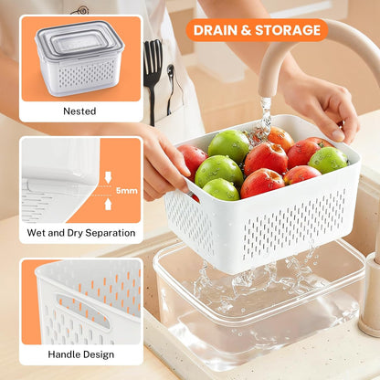 10 Pieces Fruit Storage Container for Fridge, 5 Pack Plastic Fruit Containers for Fridge with Removable Colander, Container for Fruit Berry Salad, BPA Free Kitchen Refrigerator Organizers