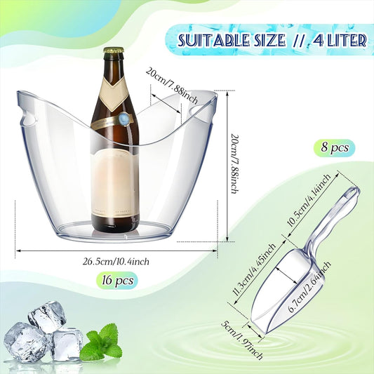 Cunhill 6 Pieces Plastic Clear Ice Bucket with Scoops Clear Acrylic Ice Tub Plastic Wine Bucket Party Beverage Chiller Bin Parties Tub for Wine Champagne or Beer (4 Liters)