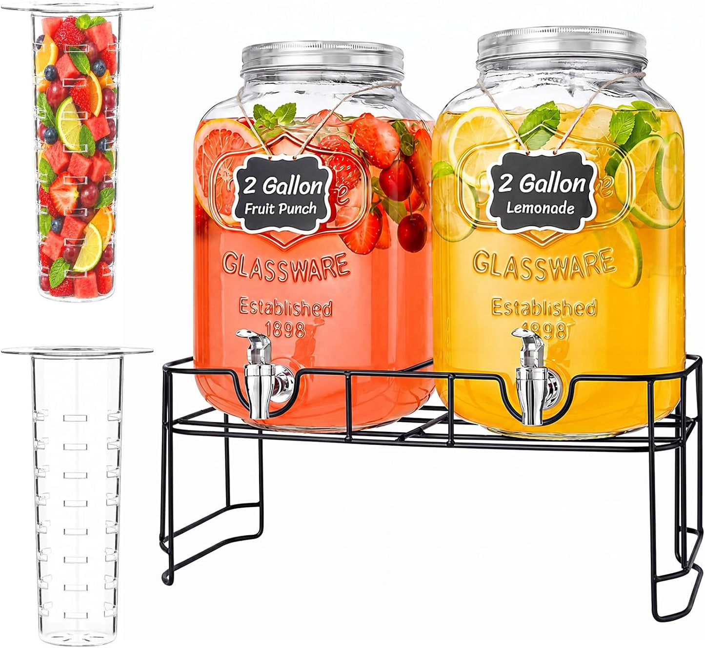 Lifewit 2 Gallon Glass Drink Dispenser for Parties, Beverage Container with Stand for Juice/Tea/Soda & Lemonade, Water Pitcher with Leakproof Spigot for Mimosa Bar, Birthday, Wedding Hosting, 2 Pcs