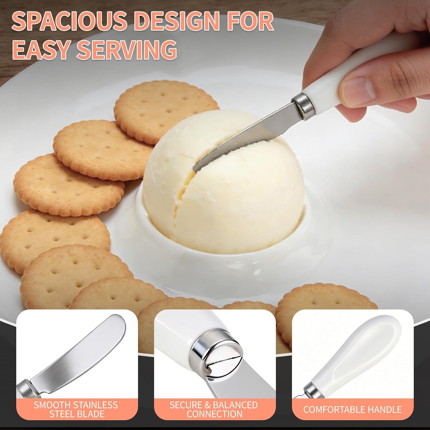 Cheese Ball Serving Dish Set, Cheese Ball Platter with Spreader Knife, White Ceramic, Spacious Design for Easy Serving Crackers and Bread Slices, Ideal for Parties and Entertaining
