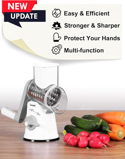 Geedel Rotary Cheese Grater, Kitchen Mandoline Vegetable Slicer with 3 Interchangeable Blades, Easy to Clean Rotary Grater Slicer for Cheese, Vegetables, Nuts