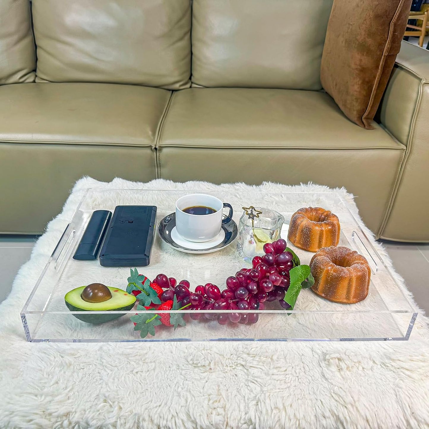 White Rectangular 14x20 Inches Acrylic Ottoman Tray Decorative Serving Tray with Cutout Handles Organizer Tray on Coffee Table Countertop Big Breakfast Bed Tray Living Room Appetizer Serving Food