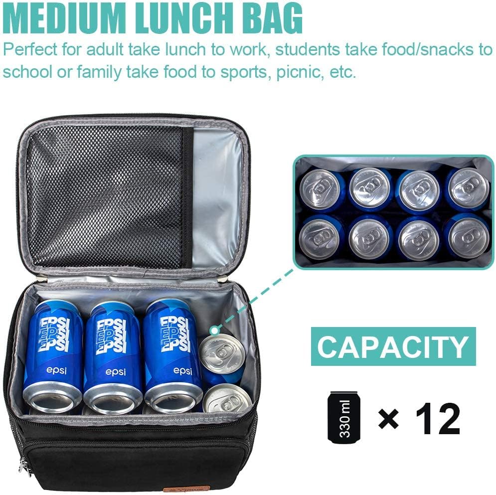 Tiblue Insulated Lunch Bag for Women/Men, Reusable Lunch Box for Office Work School Picnic,Leakproof Freezable Cooler Bag with Adjustable Shoulder Strap for Kid/Adult(Medium, Black & White Stripes)