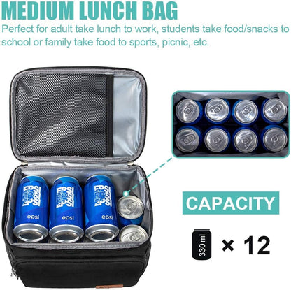 Tiblue Insulated Lunch Bag for Women/Men, Reusable Lunch Box for Office Work School Picnic,Leakproof Freezable Cooler Bag with Adjustable Shoulder Strap for Kid/Adult(Medium, Black & White Stripes)