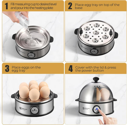 Annie & Mia Design Electric Egg Cooker, All Stainless Steel 7 Egg Capacity egg boiler, 360W, Hard, Medium, Soft Boiled Egg Poacher, egg steamer, Multi-function, Auto Shut-Off Function, BPA-free