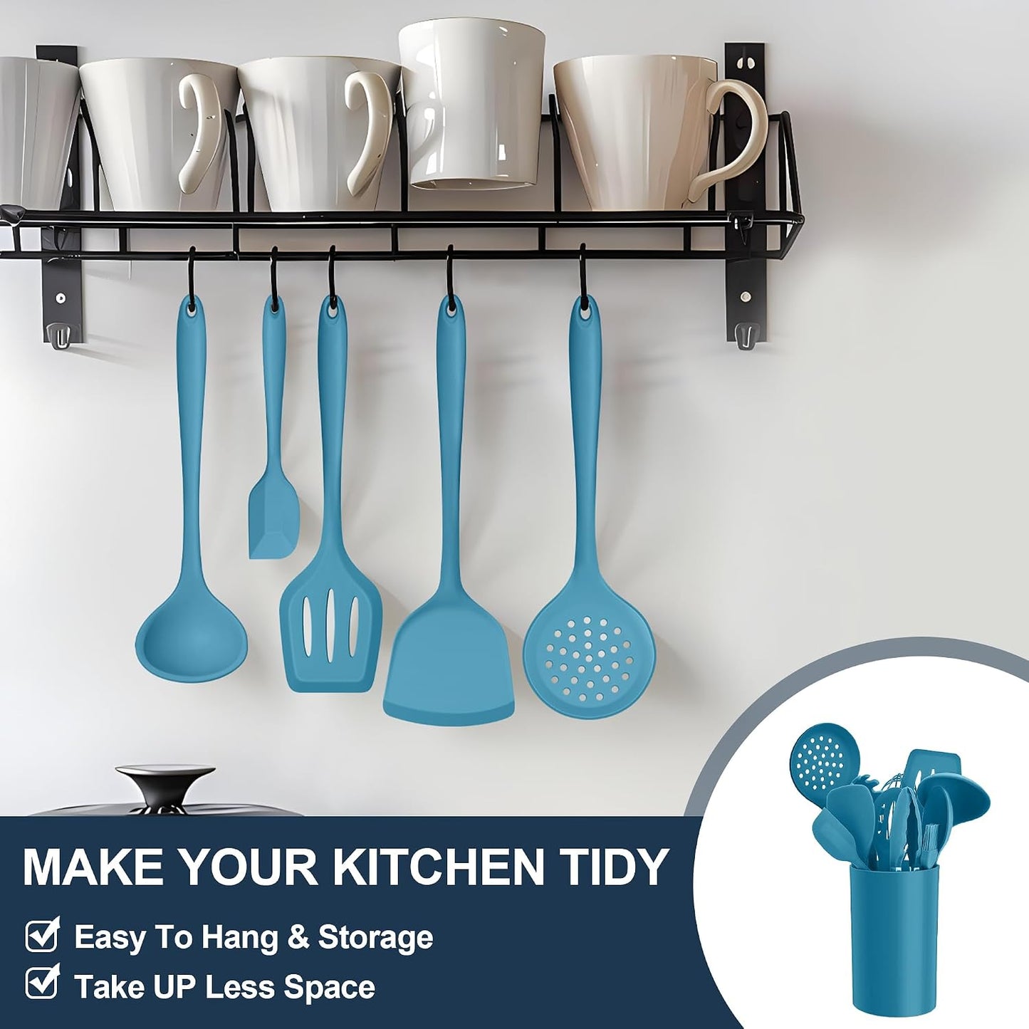 E-far Silicone Cooking Utensils Set, 25 Piece Kitchen Utensils with Holder, Non Toxic Kitchen Tools Spatula, Turner, Spoon, Ladle for Nonstick Cookware, Heat Resistant & Dishwasher Safe - Black