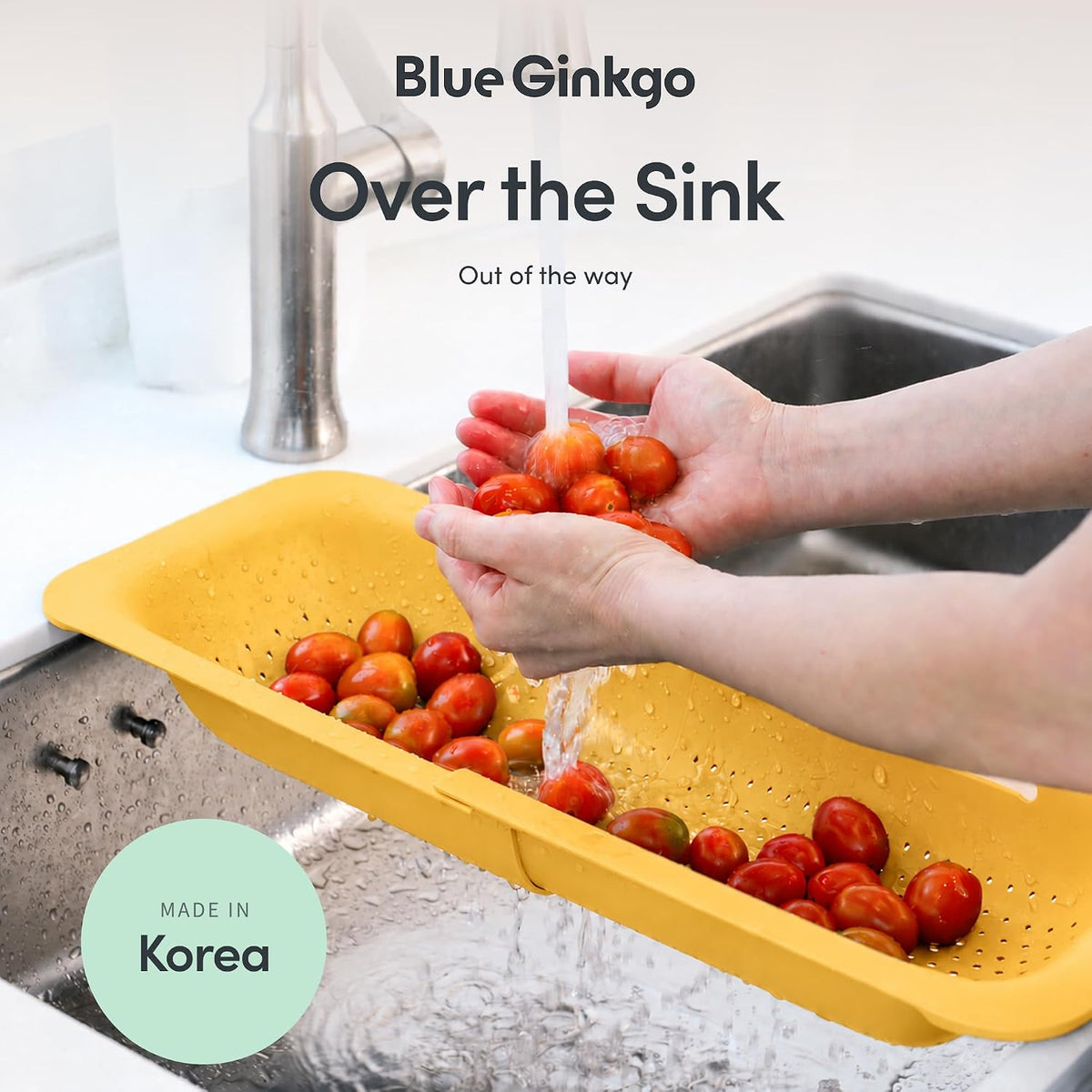 Blue Ginkgo Over Sink Colander, Extendable Kitchen Strainer, Black