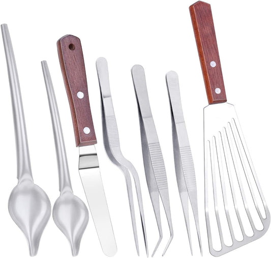 Cridoz 7 Pcs Stainless Steel Kitchen Cooking Plating Tweezers Tongs Drawing Spoons Offset Spatula and Fish Spatula for Food Culinary Plating Decorating