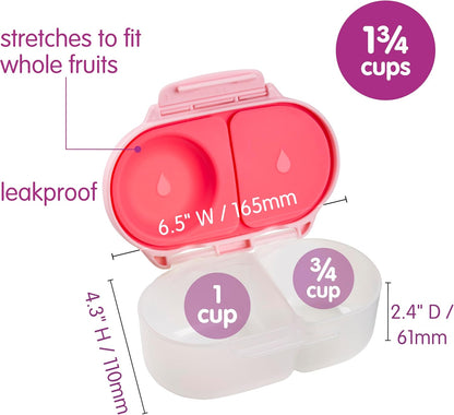 b.box Snack Box 2-Pack - Leak Proof Mini Bento Box for Kids & Toddlers, 2 Compartment Snack Containers for Kids, Dishwasher Safe, BPA-Free, PFAS-Free, Ages 4mo+, 1 3/4 Cup Each (Strawberry + Lilac)