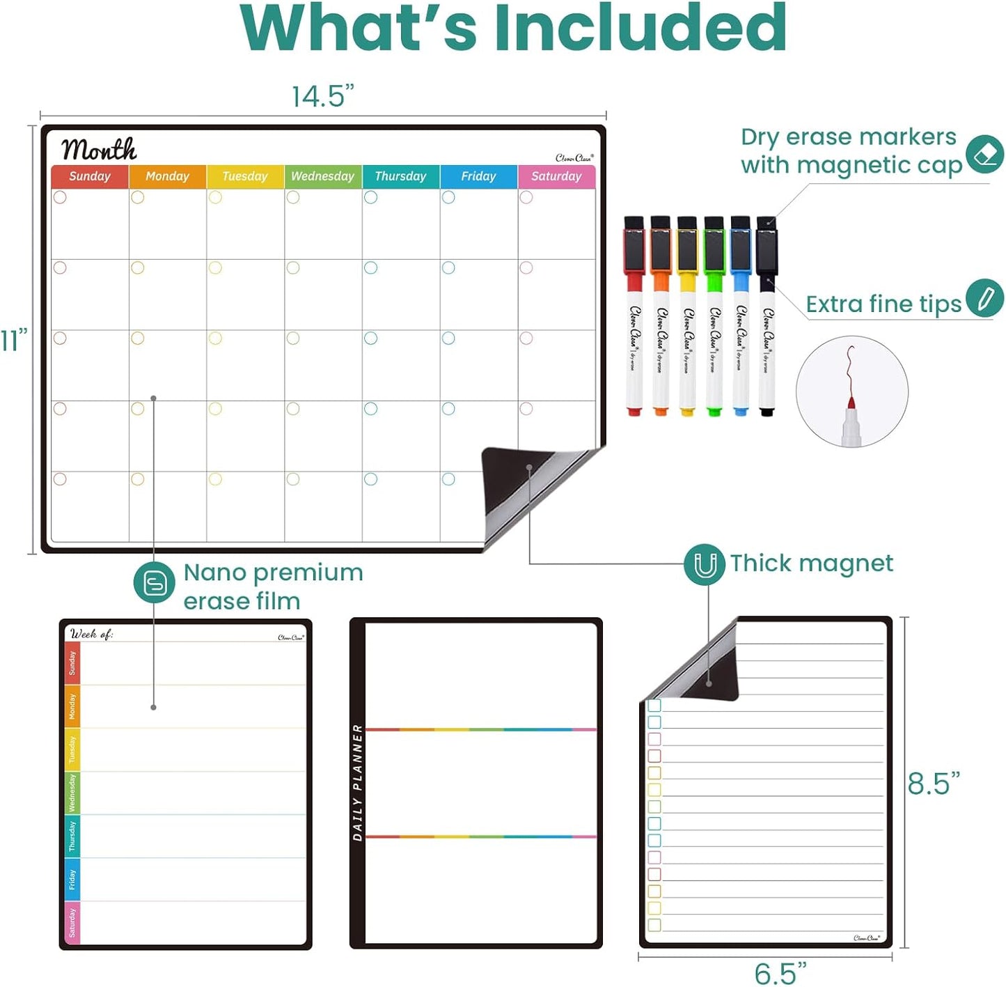 Magnetic Dry Erase List Board - 6.5"x8.5" Weekly, Daily, 2 List Boards for Fridge - 6 Extra Fine Point Markers Included - Shipped Flat