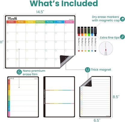 Magnetic Dry Erase List Board - 6.5"x8.5" Weekly, Daily, 2 List Boards for Fridge - 6 Extra Fine Point Markers Included - Shipped Flat