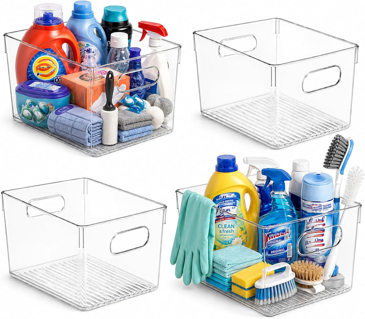 MOONEDGE 4 Pack Clear Plastic Organizer Bins, 2 Large & 2 Small Storage Set | Storage Bins for Pantry, Space-Saving Organizer Containers for Cabinets, Under-Sink, Bathroom, Kitchen, Freezer, Home Storage