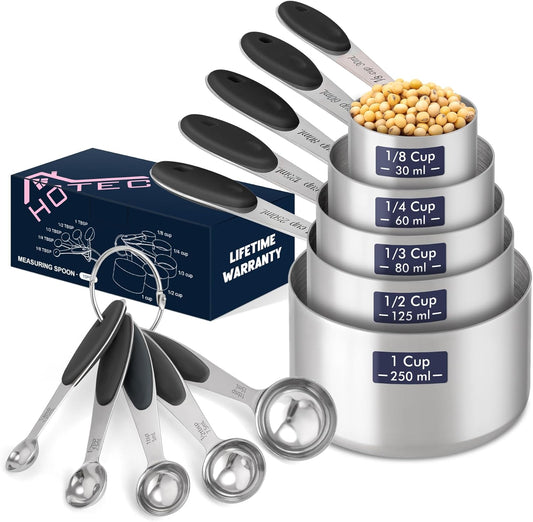 HOTEC 10-PACK Measuring Cups and Spoons Set, Kitchen Gadagets Cooking Baking,Heavy Duty & Dishwasher Safe for Dry and Liquid Ingredients,Black