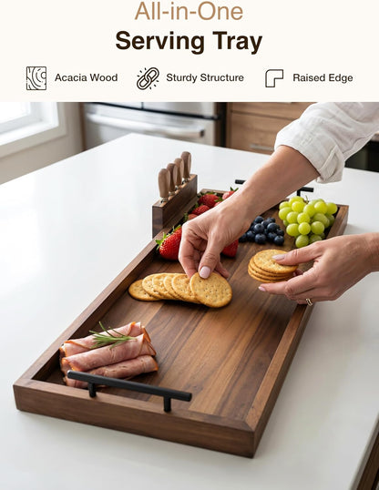TIDITA Acacia Large Charcuterie Boards for Party with Cheese Knife Set of 4 – Acacia Wood Serving Tray with Handles, Long Charcuterie Board, Wooden Cheese Board (Walnut Color, 30 Inch)