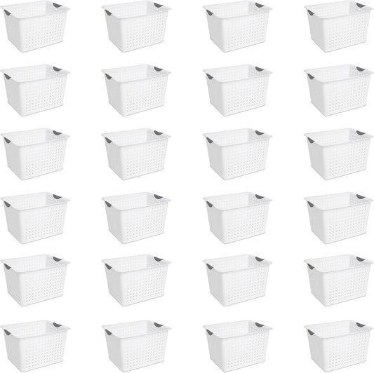 Sterilite 24-Pack Ultra Basket, Open Plastic Bins, Countertop, Cabinet and Closet Organizer, White, Deep