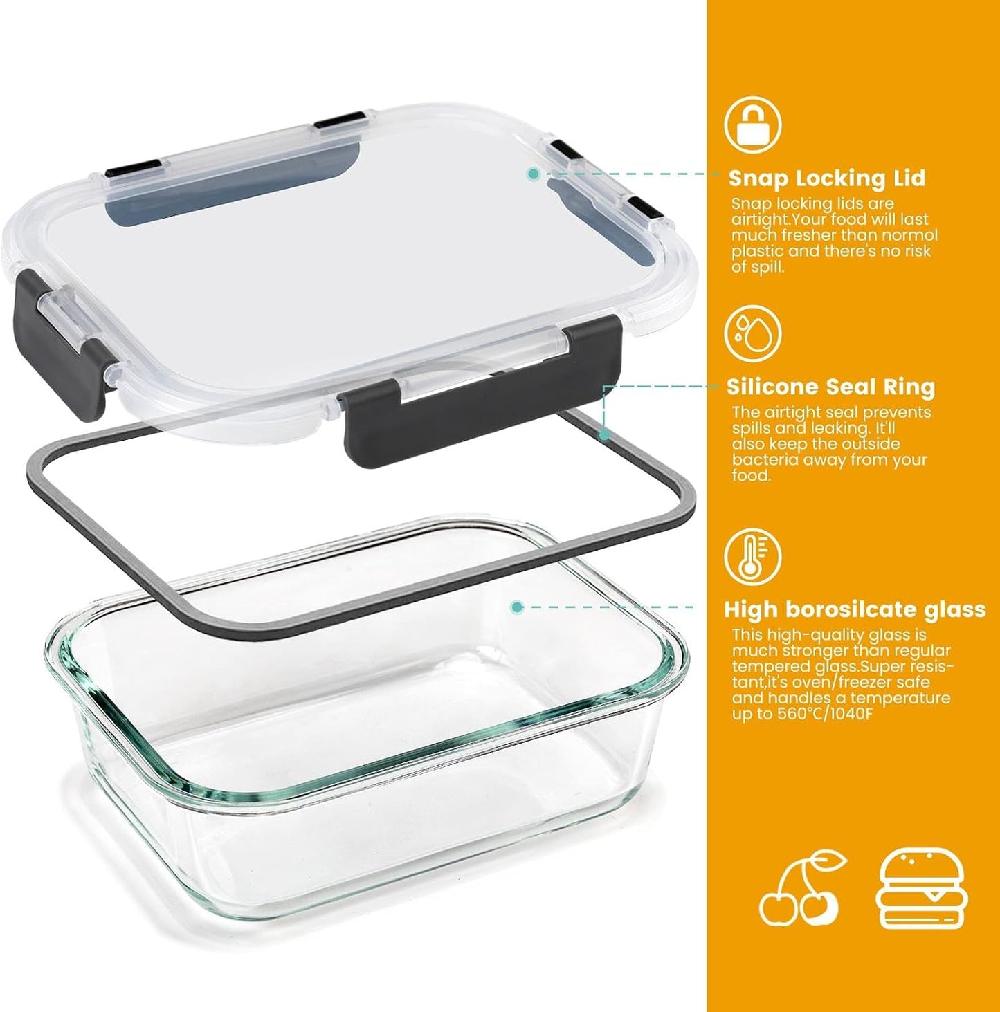 TYKOON 10 Pack Glass Meal Prep Containers with Snap Locking Lids, Airtight Leakproof Bento Boxes for Lunch Freezer Microwave and Dishwasher Safe, Includes 5x36oz and 5x12oz